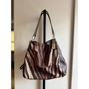 Coach Madison Phoebe Shoulder Bag – Brown/Beige Zebra Print Canvas & Leather